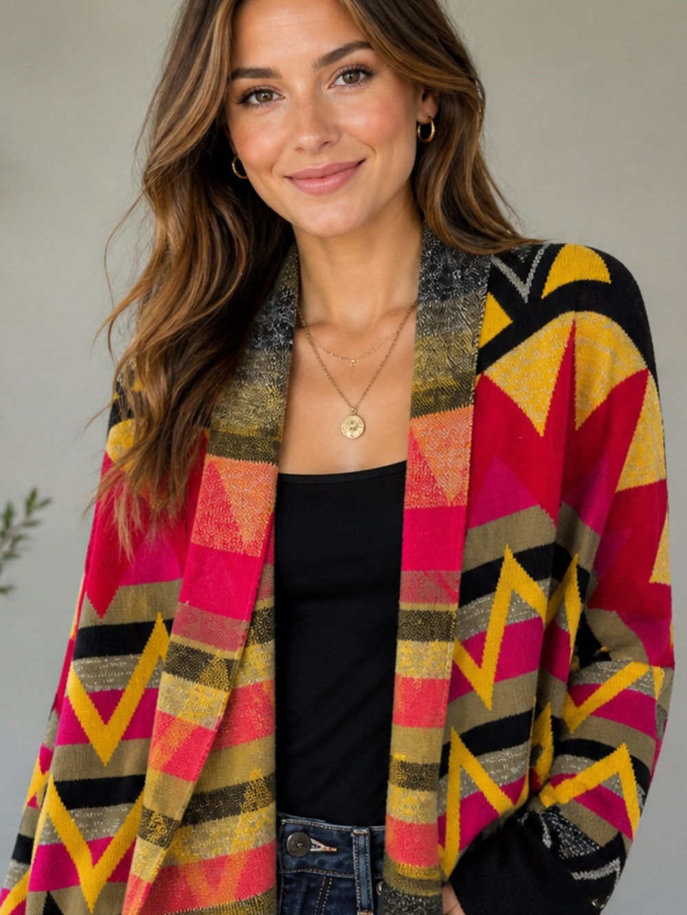 Boho Southwestern Geometric Cardigan XS Cozy Festival Aztec Knit Wrap Artsy Chic